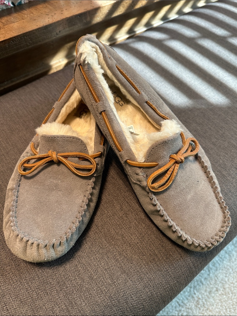 UGG Taupe Suede Shearling Moccasin Slippers with Chestnut Lace